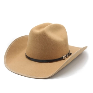 Detail of khaki felt cowboy hat featuring dark brown leather band and silver metal buckle
