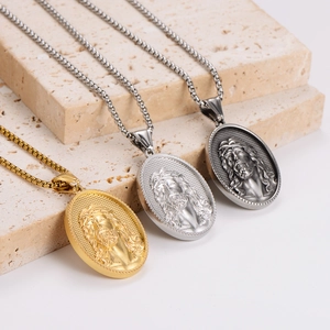 Oval Jesus portrait pendants in gold, silver and grey finishes on stone base