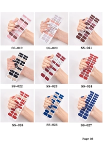 Detailed catalog showing nine styles of self-adhesive nail stickers from SS-019 to SS-027