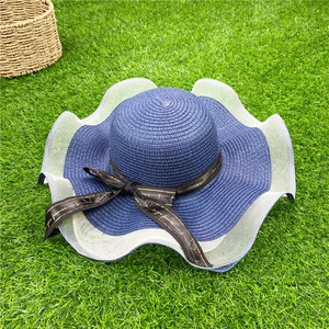 Vue détaillée d'un chapeau de paille bleu marine avec ruban sur herbe