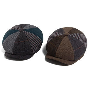Retro Men Newsboy Cap British Style Polyester Patchwork Herringbone Plaid Octagonal Beret Hat For Autumn Winter Casual Baker Boy Cap