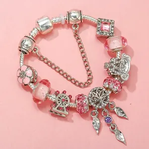 DIY Charm Bracelet Women Heart Tree Of Life Snake Chain With Safety Chain Copper Plated 925 Silver Alloy Enamel Rhinestone