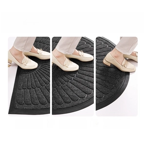 Three-step view showing the dirt-scraping process on a semi-circular rubber door mat