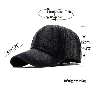 Berretto da baseball in denim nero lavato con taglia regolabile da 54-60 cm unisex