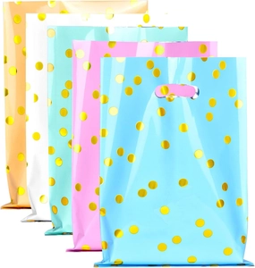 Five assorted colorful plastic gift bags with gold polka dots and cutout handles