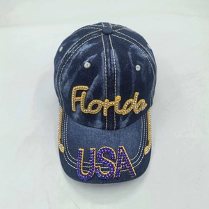 Vintage Florida USA denim baseball cap with yellow embroidery and rhinestone detailing