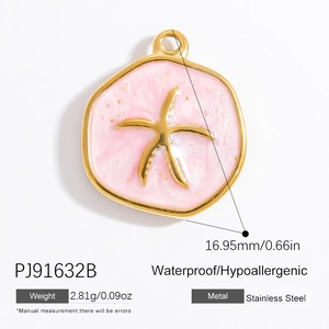 Macro view of a 16.95mm gold-rimmed pink starfish pendant in waterproof stainless steel