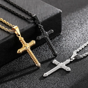 Vintage steel cross pendant necklaces for men in gold, black, and silver with twisted texture
