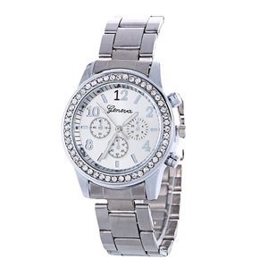 Silver Geneva women's watch with rhinestone bezel and three-dial design in metal finish