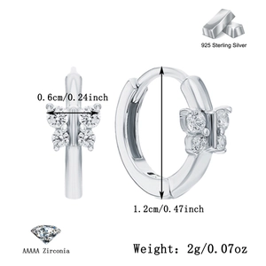 Detailed view of silver butterfly earrings with CZ stones and product dimensions
