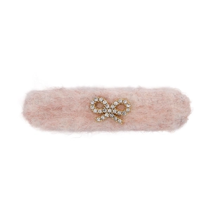 Pink plush hair clip with golden rhinestone bow accent, sweet Korean style accessory