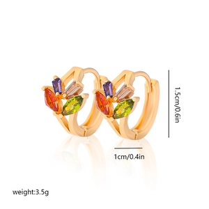 Detail view of gold hoop earrings with multi-colored zircon stones and size specifications