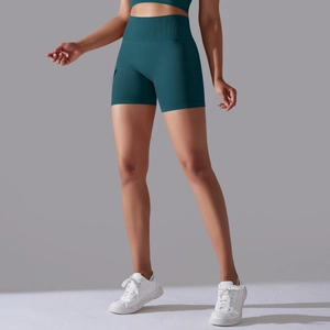 Détail du short de yoga bleu canard sans couture taille haute avec texture côtelée et gainante