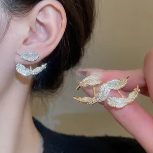 Feather Stud Earrings With Silver Earring Post Zircon Inlaid Copper Gold Plated Elegant Jewelry For Women