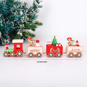 Red and white wooden four-section Christmas train decoration with snowman and Santa motifs