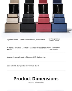 Close-up of four colors of LED jewelry boxes featuring brushed leather and velvet lining