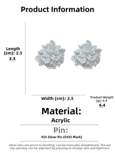 Detailed view of white acrylic flower earrings with S925 silver posts and dimensions