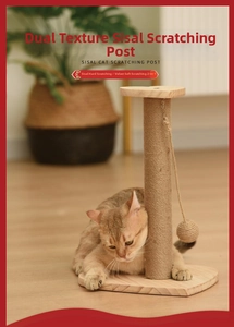 Solid wood cat scratching post with sisal rope pillars and a hanging interactive toy ball