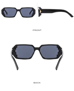 Front and back views of pixel-style black sunglasses with unique geometric gold temple details