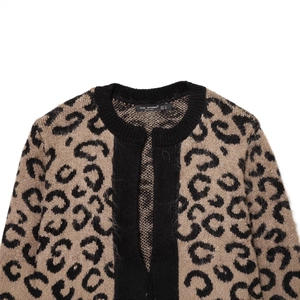 Women's leopard print jacquard knit cardigan with black ribbed edges by ZEAL WOMAN
