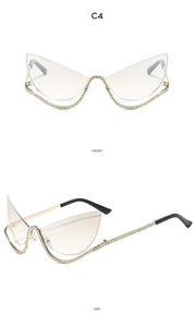 Detailed front and side views of gold cat-eye glasses frame with rhinestone accents