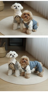 Close-up of pet jumpsuit with striped shirt and quilted vest for small dogs