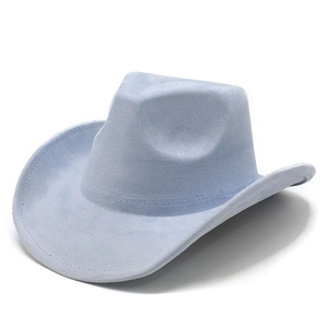 Detail shot of light blue suede cowboy hat with wide brim and stitched texture