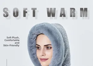 Detail showing the soft grey plush texture of the windproof winter hooded scarf