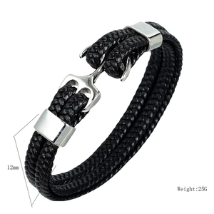Men's multilayer black braided leather anchor bracelet, 12mm width, 25g weight details