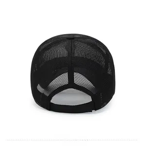 Detail view of the breathable mesh texture and adjustable strap on the black baseball cap