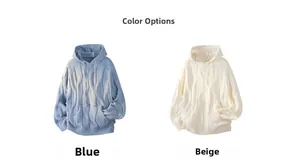 Detail view of cable knit textures on hooded sweaters in blue and beige colors