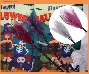 Detail of colorful lace witch broom with LED light string for Halloween party decoration
