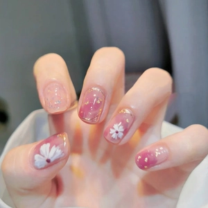 Press On Nails Pink Gradient Camellia Flower Design Gold Foil Glitter Short Round Artificial Nail Tips For Women