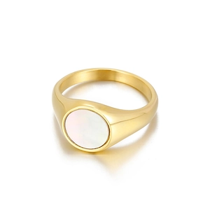 Minimalist gold stainless steel wide band ring with a white circular mother of pearl inlay