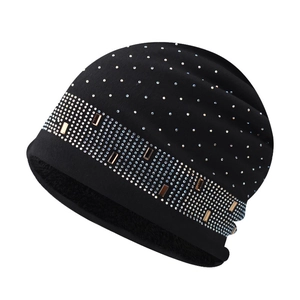 Women Winter Knitted Beanie Hat Cotton Rhinestone Gold Metal Decor Fleece Lined Warm Slouchy Skull Cap Outdoor