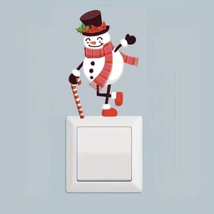 Detailed view of snowman light switch sticker with scarf and candy cane decoration