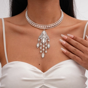 Close-up of multi-layer pearl choker with sparkling rhinestones and elegant tassels