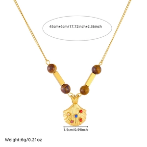Gold shell pendant necklace with tiger eye beads and colorful crystals, 45+6cm length