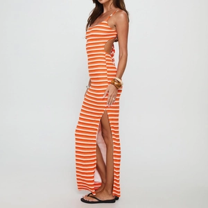 Sexy backless orange and white striped knitted maxi dress with side split for summer
