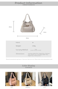 Detailed size specifications and material chart for the nylon bucket handbag in three colors