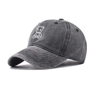 Washed Cotton Baseball Cap Retro Distressed Sun Protection Hat With Cartoon Bear Embroidery Streetwear Unisex Adjustable