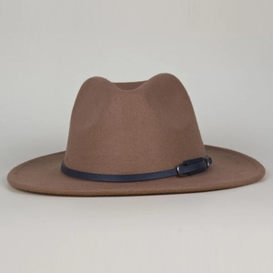 Classic brown wool felt jazz hat with dark blue leather buckle band for men and women