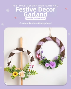 Detail of Christmas rattan wreaths featuring silk ribbons, flowers and bunny butterfly decor