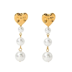 Elegant gold heart-shaped stud earrings with three dangling white pearls on white backdrop