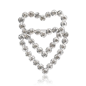 Elegant silver hollow double heart brooch featuring clear crystal rhinestones on white background