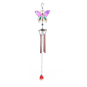 Close-up of a gradient purple and blue butterfly wind chime with copper metal tubes