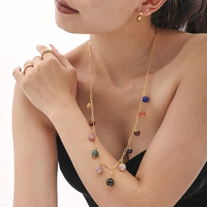 Bohemian paperclip chain necklace with colorful natural stone beads and gold finish