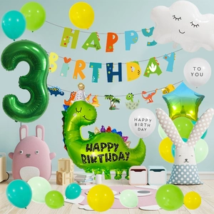 Detail of dinosaur birthday set with green number 3 balloon and festive banners