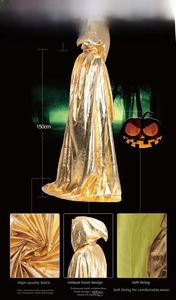Detailed view of shiny gold hooded cloak with 150cm length and silky metallic fabric