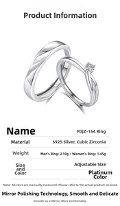 Close-up of S925 sterling silver couple rings with adjustable band and cubic zirconia gem
